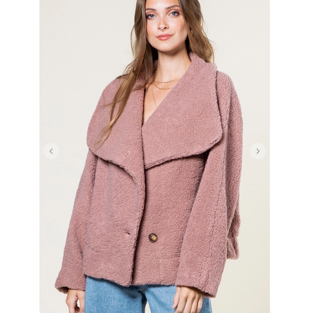 NEW IN By VERY J Nordstrom Cozy Chic Mauve Sherpa Oversized Teddy Coat Jacket - Picture 6 of 8